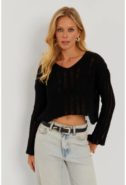Kadın Siyah V Yaka Ajurlu Triko Bluz YV233