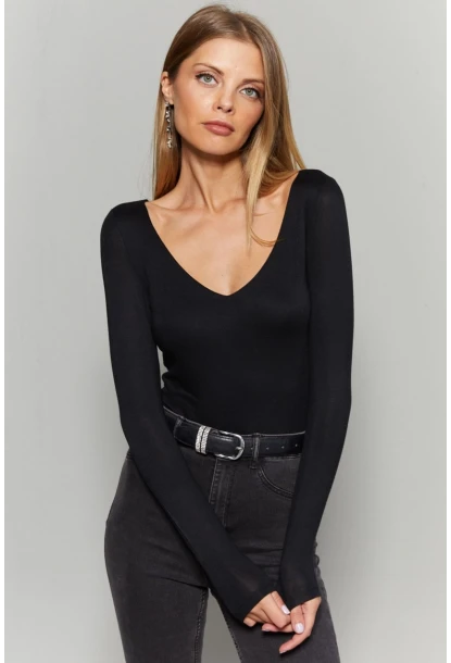 Kadın Siyah V Yaka Çıtçıtlı Body Fİ792