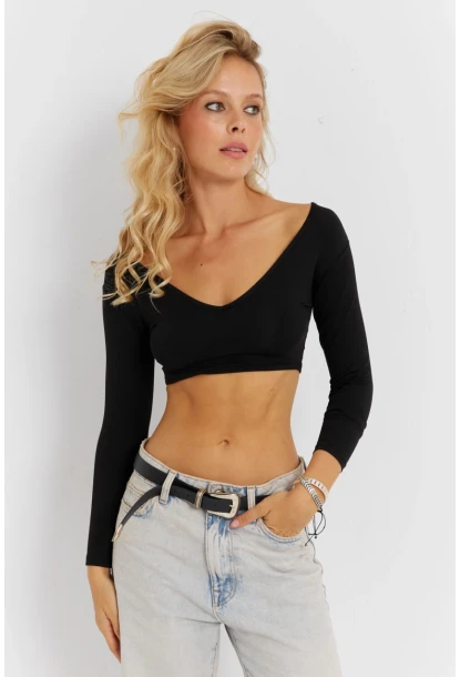 Kadın Siyah V Yaka Crop Bluz CG368