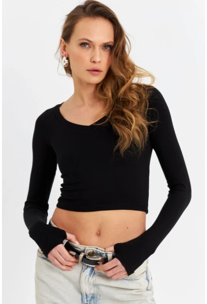 Kadın Siyah V Yaka Crop Bluz DMR389