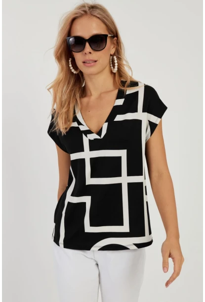 Kadın Siyah V Yaka Desenli Bluz AYD293