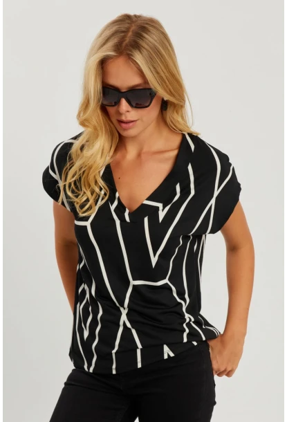 Kadın Siyah V Yaka Desenli Bluz AYD320