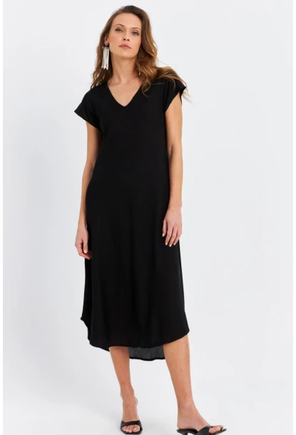 Kadın Siyah V Yaka Midi Elbise PC22649