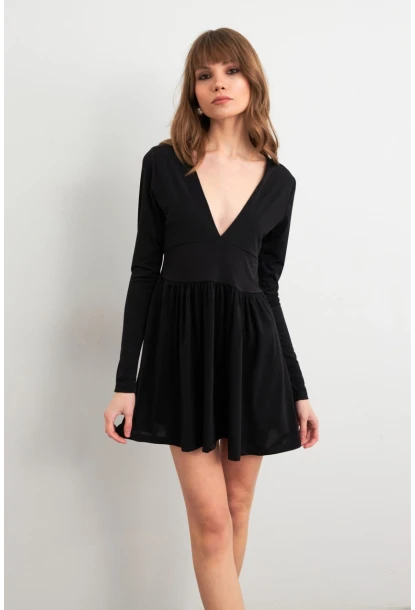 Kadın Siyah V Yaka Mini Elbise LİK17