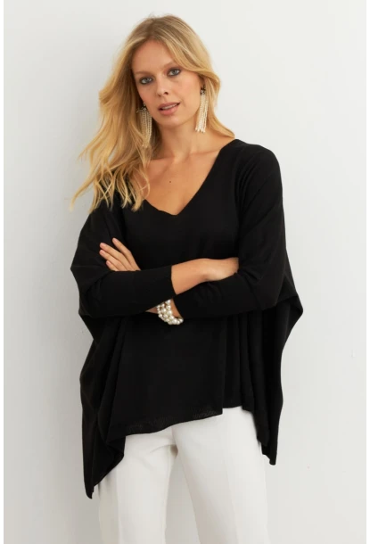 Kadın Siyah V Yaka Salaş Bluz YV304