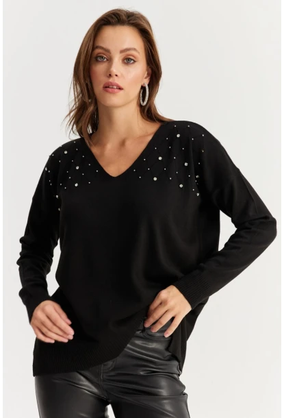 Kadın Siyah V Yaka Taşlı İnce Triko Bluz YİL002
