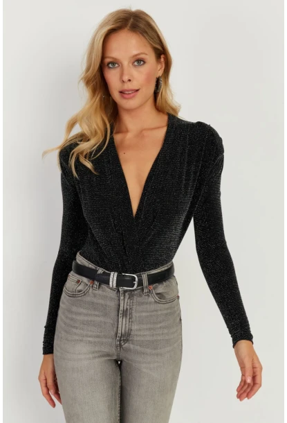 Kadın Siyah Vatkalı Kruvaze Çıtçıtlı Bodysuit GÇ151