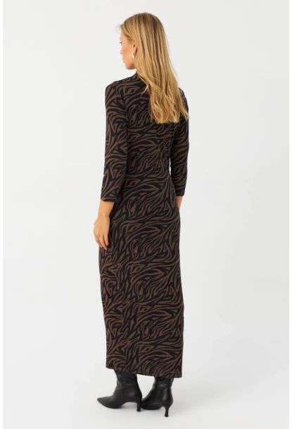 Kadın Siyah-Vizon Desenli Midi Elbise MLPP400