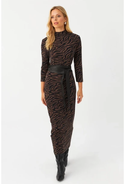 Kadın Siyah-Vizon Desenli Midi Elbise MLPP400