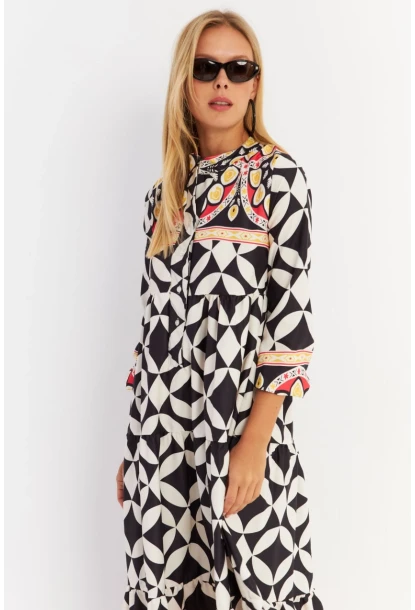 Kadın Siyah Volanlı Desenli Maxi Elbise MYLE14