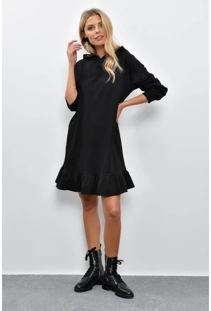 Kadın Siyah Volanlı Kapüşonlu Sweat Elbise B40