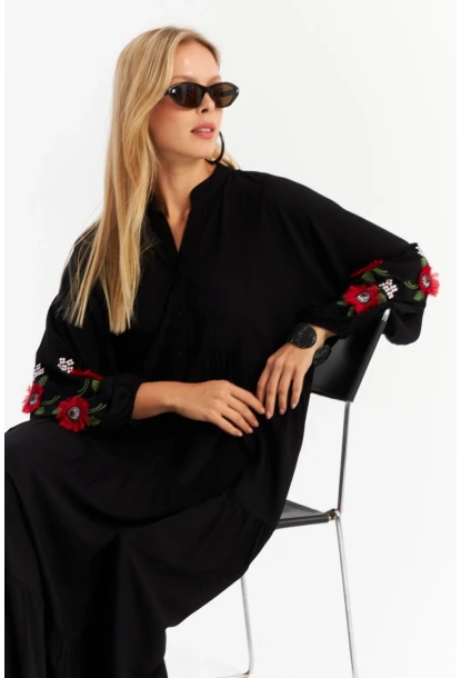 Kadın Siyah Volanlı Maxi Elbise MALO9