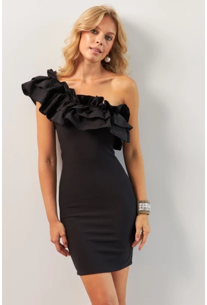 Kadın Siyah Volanlı Mini Elbise KED4294