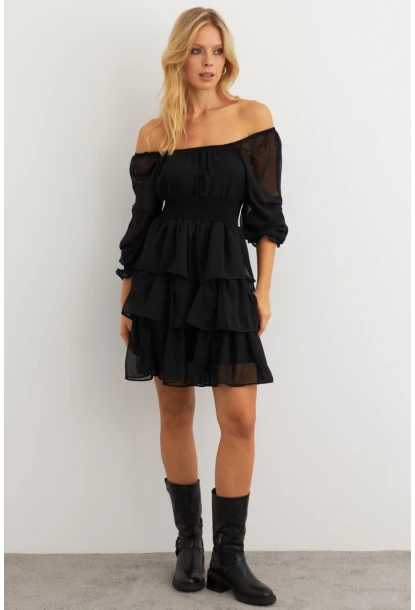 Kadın Siyah Volanlı Şifon Mini Elbise KSD2831