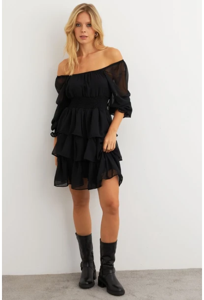 Kadın Siyah Volanlı Şifon Mini Elbise KSD2831