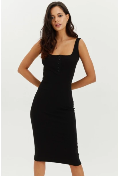 Kadın Siyah Yaka Düğmeli Kaşkorse Midi Elbise CG237