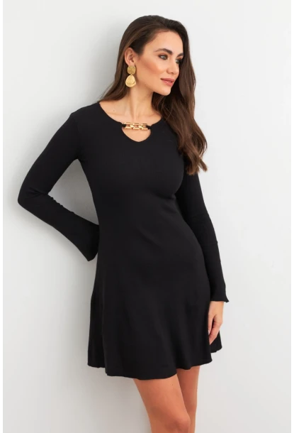 Kadın Siyah Yakası Aksesuarlı Mini Elbise FRY2267