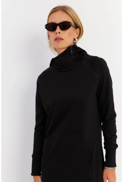 Kadın Siyah Yakası Fermuarlı Maxi Sweat Elbise MTF12