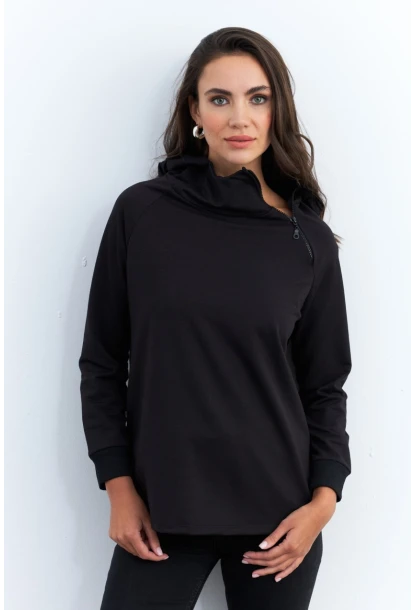Kadın Siyah Yakası Fermuarlı Sweatshirt TF11