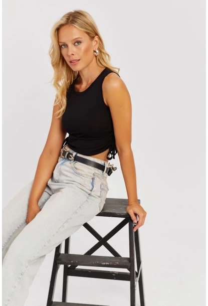 Kadın Siyah Yanları Bağcıklı Kolsuz Bluz MK05