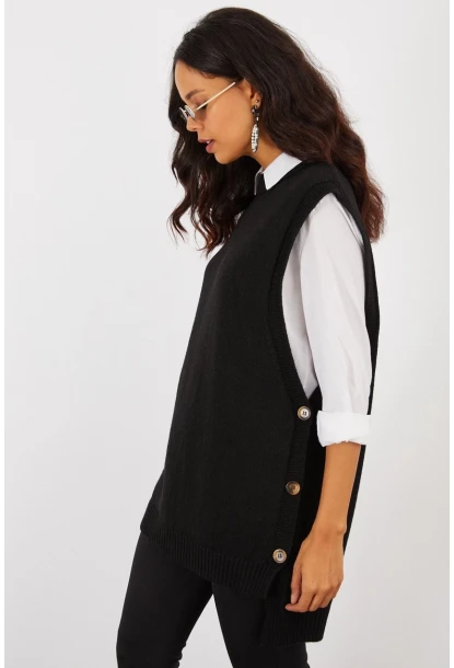 Kadın Siyah Yanları Düğmeli Kolsuz Triko Tunik YV75