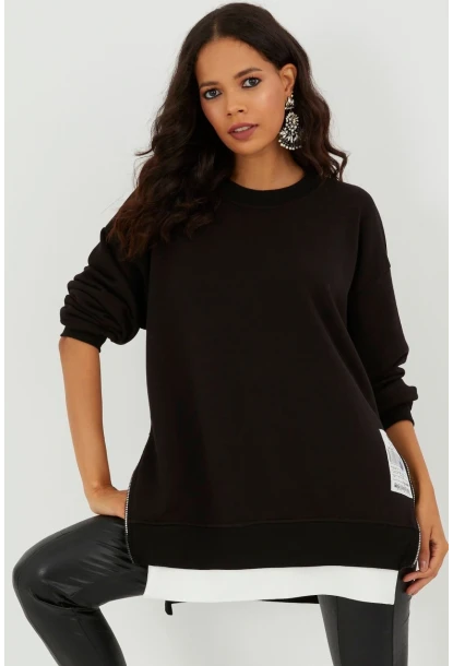Kadın Siyah Yanları Fermuarlı Oversize Sweatshirt BK231095