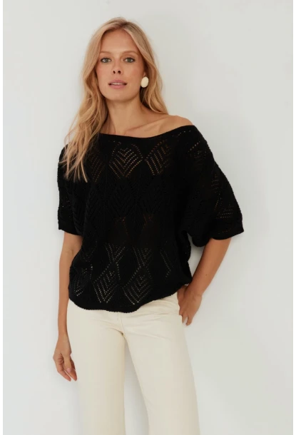 Kadın Siyah Yarasa Kol Ajurlu Triko Bluz YZ621