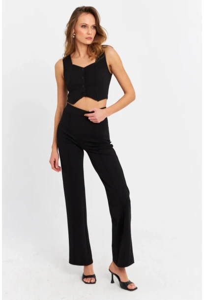 Kadın Siyah Yelekli Pantolon Takım RU9623