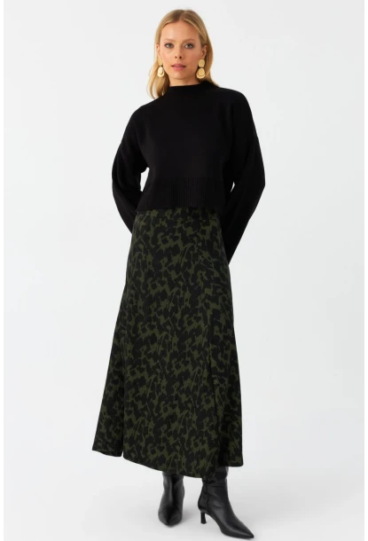 Kadın Siyah-Yeşil Desenli Çan Etek LON3007
