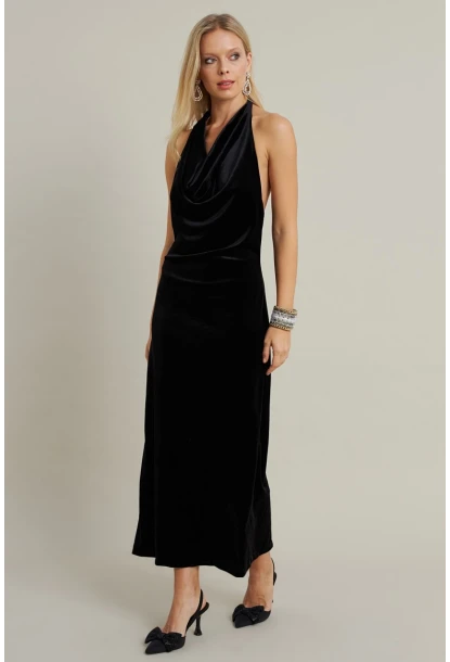 Kadın Siyah Yılbaşı Degaje Yaka Uzun Elbise GÇ197