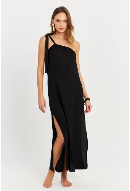 Kadın Siyah Yırtmaçlı Bürümcük Midi Elbise EY3061