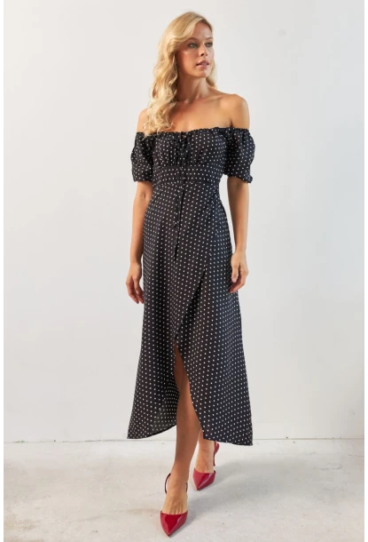 Kadın Siyah Yırtmaçlı Desenli Midi Elbise KED0243