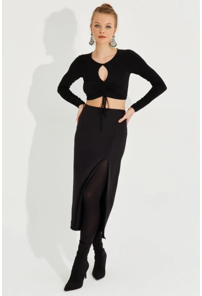 Kadın Siyah Yırtmaçlı Fermuarlı Midi Etek YEL221370