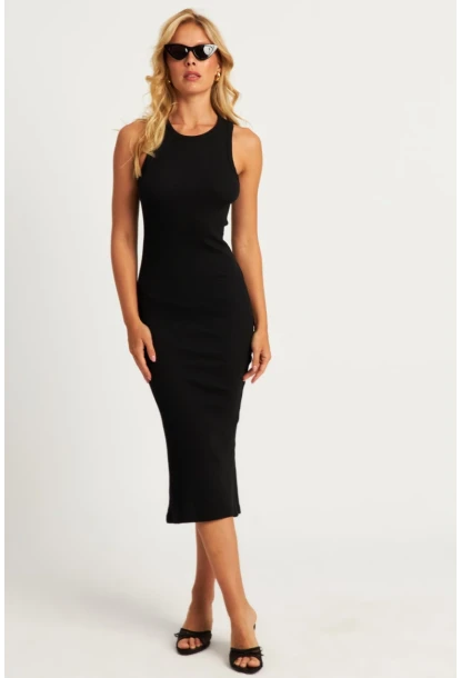 Kadın Siyah Yırtmaçlı Kaşkorse Midi Elbise MK15