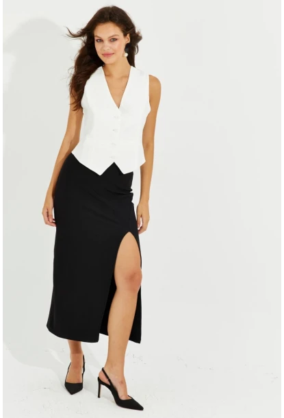 Kadın Siyah Yırtmaçlı Midi Etek RMZ20522