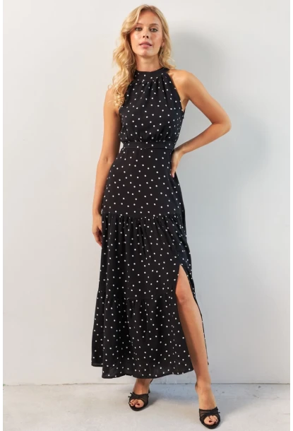 Kadın Siyah Yırtmaçlı Puantiyeli Midi Elbise KED4233