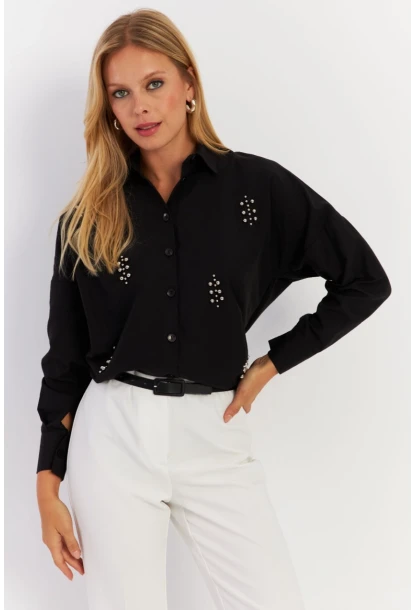 Kadın Siyah Zımbalı Gömlek MASF1