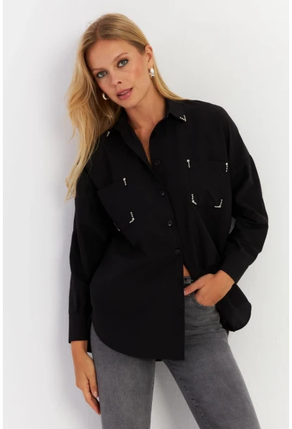 Kadın Siyah Zımbalı Gömlek MASF2