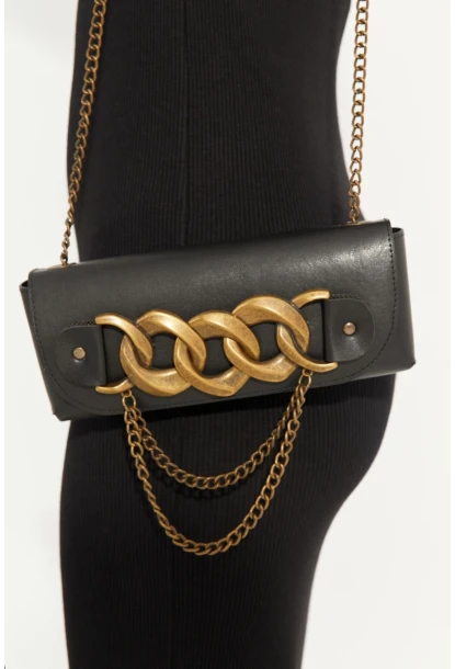 Kadın Siyah Zincir Aksesuarlı Bel Çantası BE692