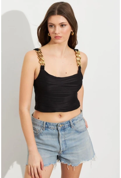 Kadın Siyah Zincir Askılı Astarlı Crop Bluz LİT109