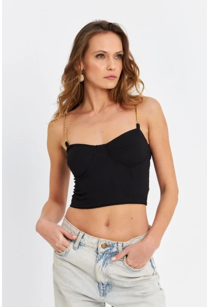 Kadın Siyah Zincir Askılı Crop Bluz LİT100