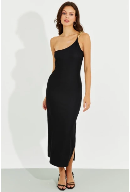 Kadın Siyah Zincir Detaylı Tek Omuz Midi Elbise RMZ21065