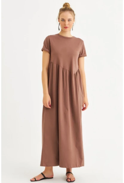 Kadın Sütlü Kahve Asimetrik Dikişli Maxi Elbise MDMR440