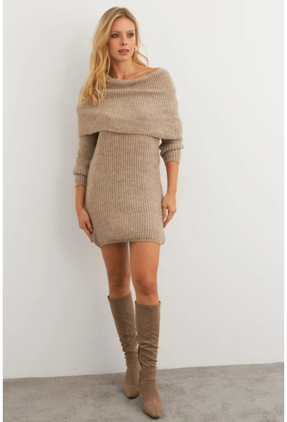 Kadın Sütlü Kahve Madonna Yaka Triko Tunik Elbise KAZ36
