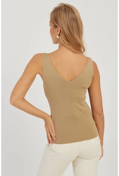Kadın Sütlü Kahve Merdiven Yaka Triko Bluz YV83