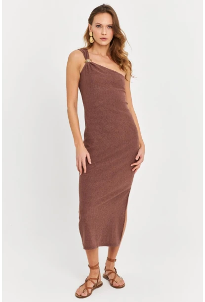Kadın Sütlü Kahve Omuz Aksesuarlı Kolsuz Midi Elbise MOD2400