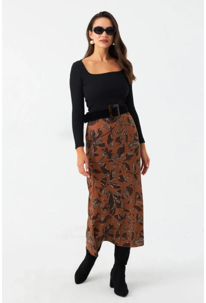 Kadın Taba Desenli Saten Etek CAR1060