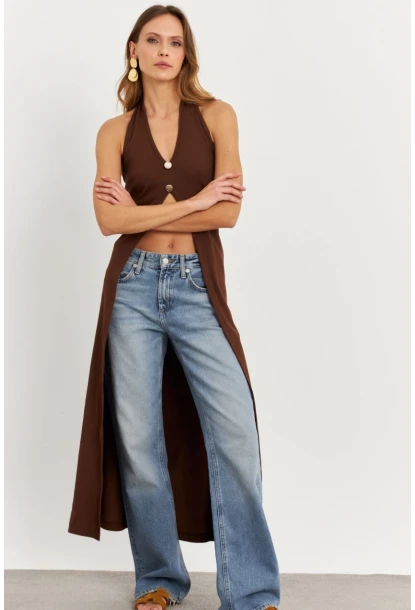 Kadın Taba Düğme Detaylı Uzun Yelek EY3048