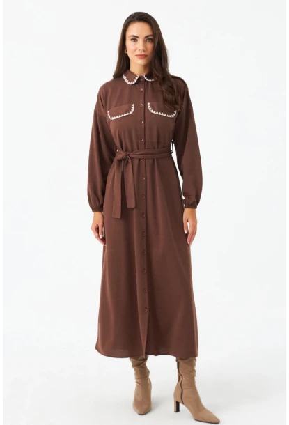 Kadın Taba Kemerli Maxi Gömlek Elbise MASF17