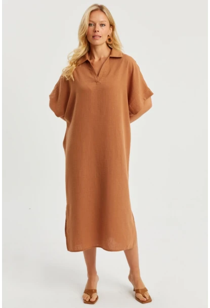 Kadın Taba Keten Midi Elbise DMR85